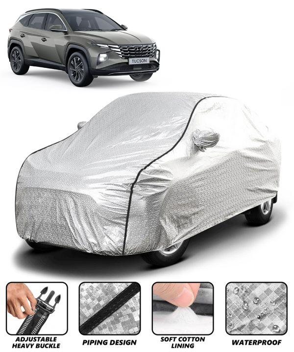 Carzex Waterproof & Heat Resistant Metallic Silver With Black Border Car Body Cover with Mirror Pockets For Hyundai Tucson